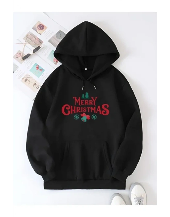 Yılbaşı Merry Christmas Baskılı Oversize Kapüşonlu Sweatshirt Hoodie - Siyah