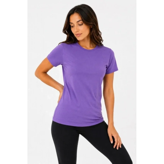 Basic Tişört Bisiklet Yaka Kısa Kol Günlük Yazlık Slim Fit T-Shirt - Mor