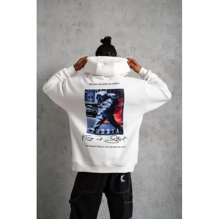 Erkek Astronot Baskılı Kapüşonlu Sweat - Beyaz