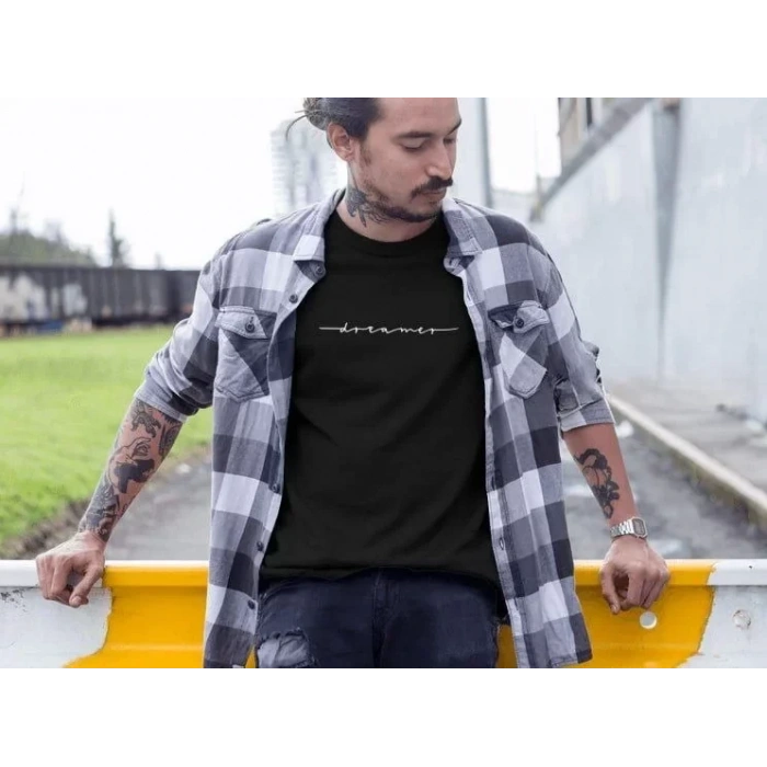 Erkek Bisiklet Yaka Baskılı Oversize T-Shirt - Siyah
