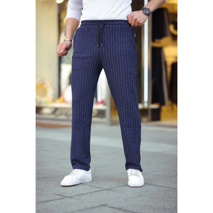 Erkek Cizgili Dokuma Krep Jogger Buggy Pantalon Rahat Kalıp - Lacivert
