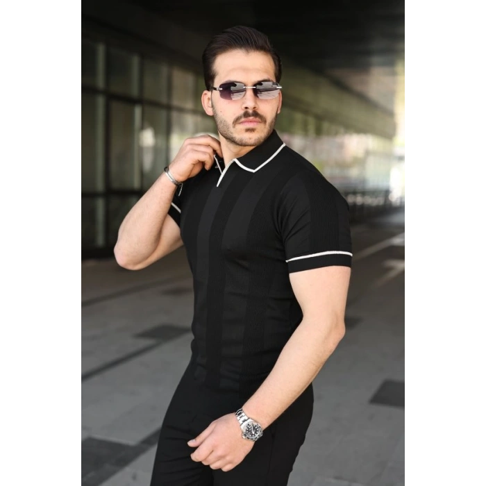 Erkek Dokulu Desen Yakalı Kısa Kollu Tişört