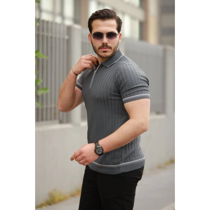 Erkek Fermuarlı Yakalı Kısa Kollu T-shirt