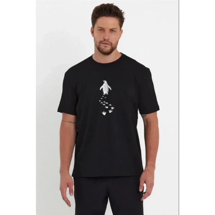 Erkek Nihilist Penguen Temalı Oversize Bisiklet Yaka Tişört - Siyah