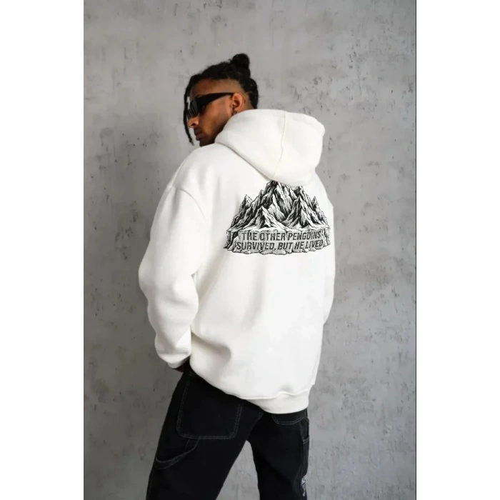 Erkek Nihilist Penguen Temalı Oversize Kapüşonlu Sweatshirt - Beyaz