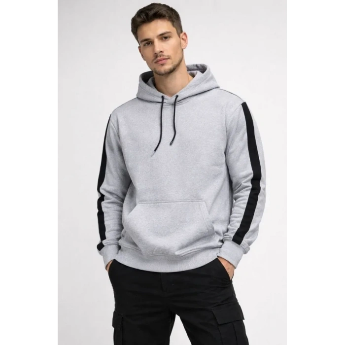 Erkek Şeritli Kapüşonlu Sweatshirt Oversize 3 Iplik Pamuklu - Beyaz