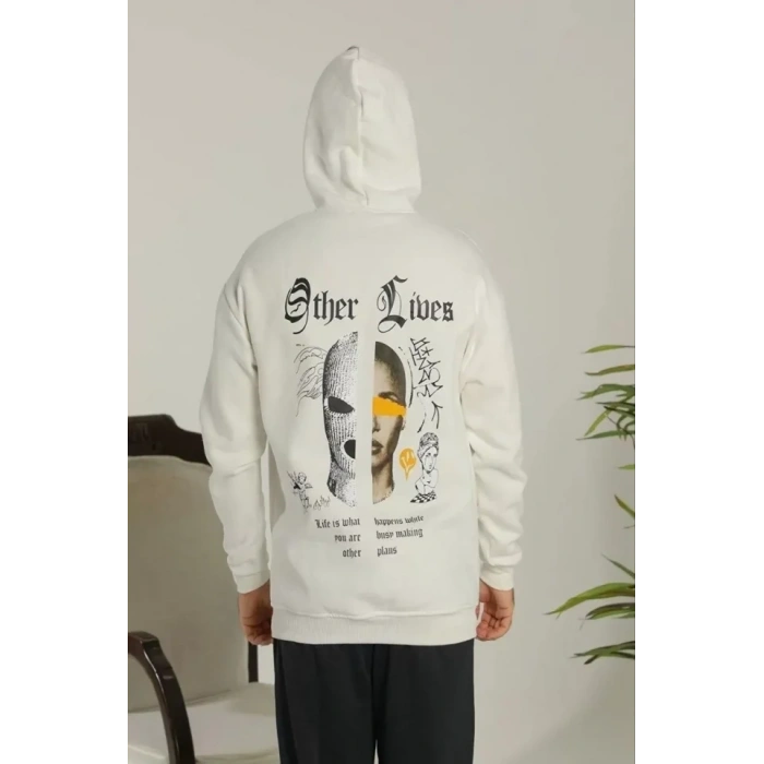 Erkek Sırt Baskılı Oversize Üç İplik Kapüşonlu Sweatshirt - Beyaz