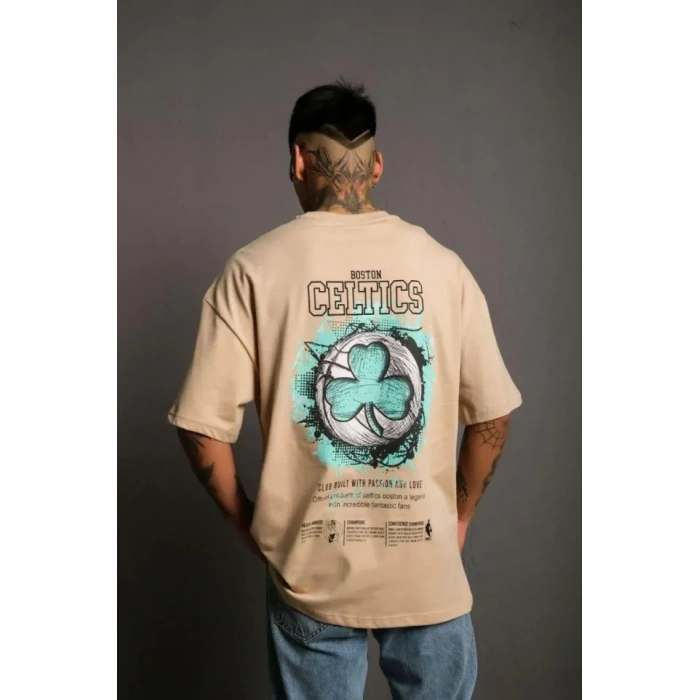 Erkek Sırt Baskılı T-shirt - Bej