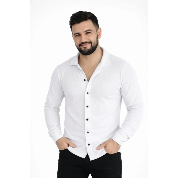 Erkek Waffle Kumaş Uzun Kollu Düğmeli Açık Yaka Regular Fit Gömlek - Beyaz