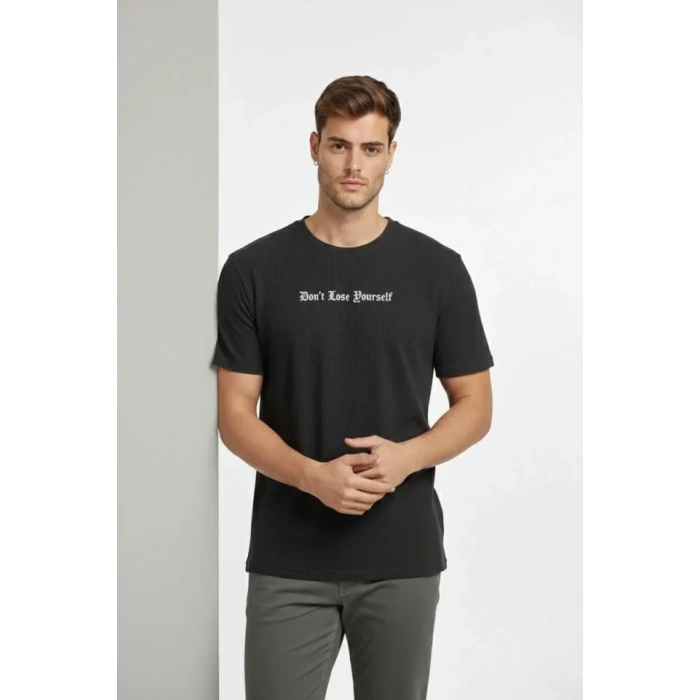 Erkek Wafıl Kumaş Tişört Regular Kalıp Bisiklet Yaka Baskılı Günlük Basic T-Shirt - Siyah
