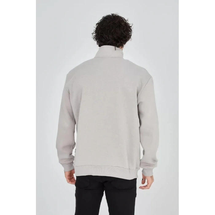 Erkek Yarım Fermuarlı Baskılı Sweat - Boyalı Gri