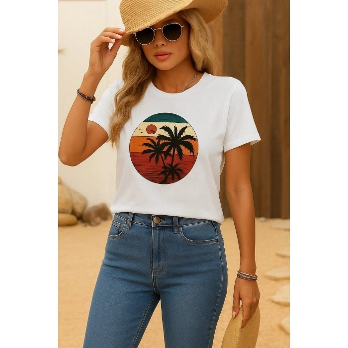 Kadın Kısa Kollu Palmiye Baskılı Viskon T-shirt