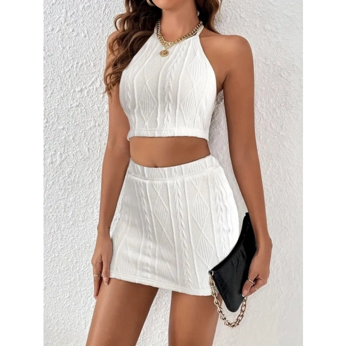 Kadın Sıfır Kol Crop Mini Etek Ikili Triko Takım