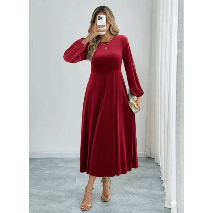 Kadın Uzun Kollu Bisiklet Yaka Midi Kadife Elbise