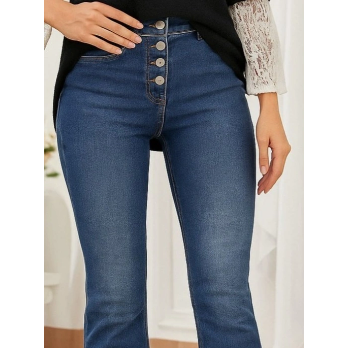 Kadın Yüksek Bel önden Düğmeli Cep Detay Ispanyol Paça Denim Pantolon