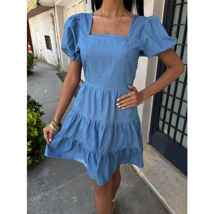 Kare Yakalı Ve Gipe Detaylı Tensel Elbise 2883