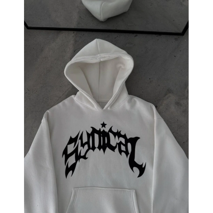 Kışlık Kapşonlu Baskılı Oversize SweatShirt- Beyaz