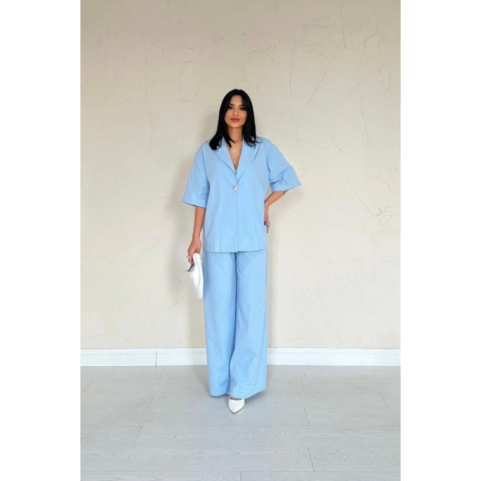 Mavi Önü Tek Düğmeli Ceket Pantolon Takım
