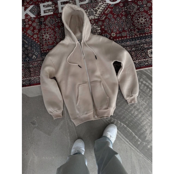 Oversize Tam Fermuarlı Uzun Kol Hırka - Bej
