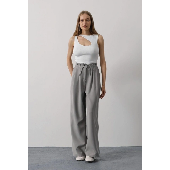 Pileli Bağcıklı Oversize Pantolon - Gri