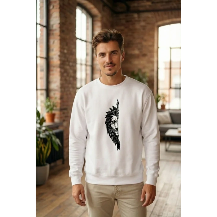 Sevgililer Günü Özel Bisiklet Yaka Aslan Baskılı Oversize Sweatshirt - Beyaz