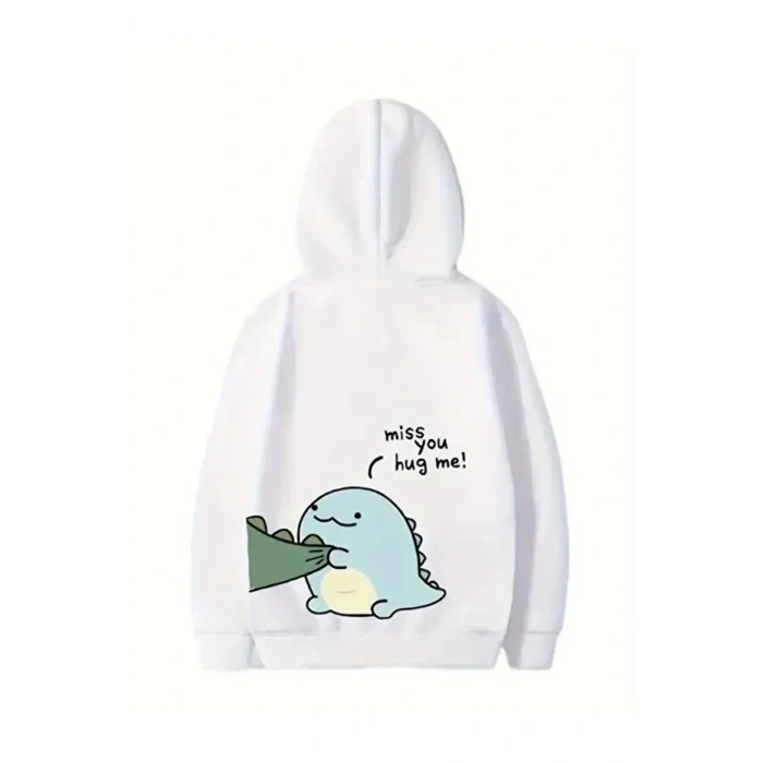 Sevgililer Günü Özel Unisex Kapüşonlu Baskılı Oversize Sweatshirt - Beyaz