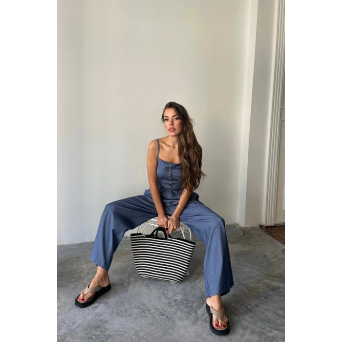 TENCEL CROP ASKILI BLUZ - ŞALVAR PANTOLON TK - İndigo