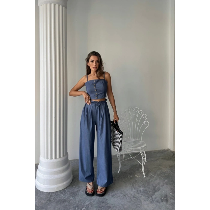 TENCEL CROP ASKILI BLUZ - ŞALVAR PANTOLON TK - İndigo