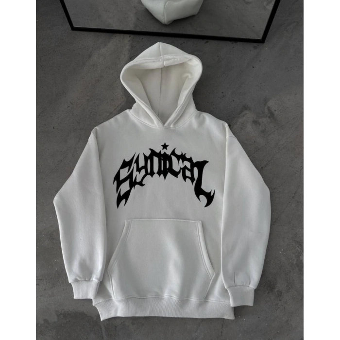Üç İplik Kapşonlu Baskılı Oversize SweatShirt-  Beyaz