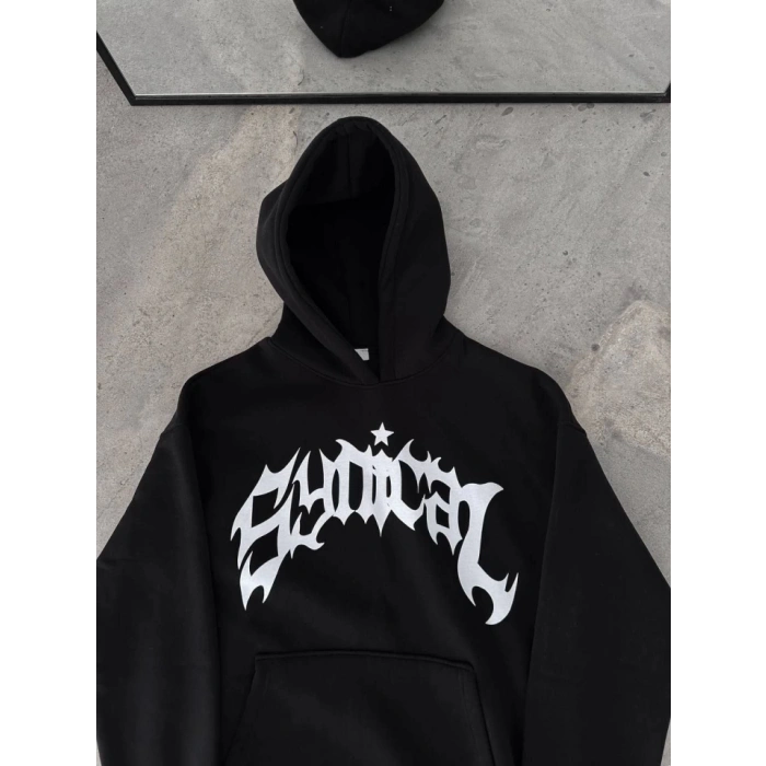 Üç İplik Kapşonlu Baskılı Oversize SweatShirt- Siyah