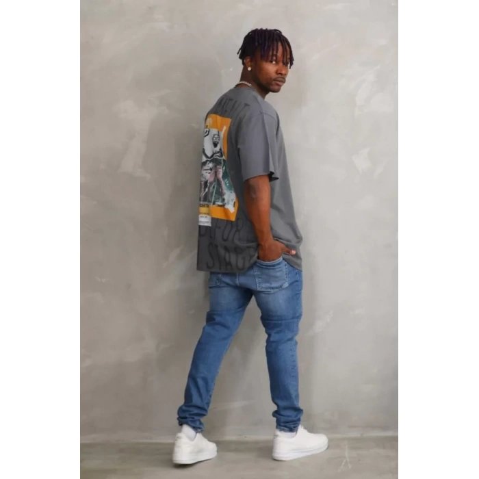 Unisex Baskılı Oversize T-Shirt - Füme