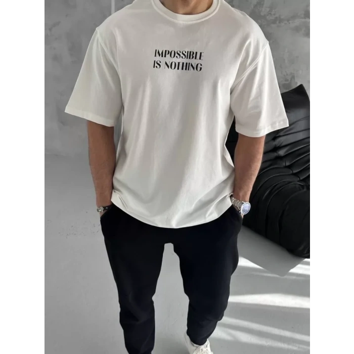 Unisex Bisiklet Yaka Baskılı Oversize T-Shirt - Beyaz