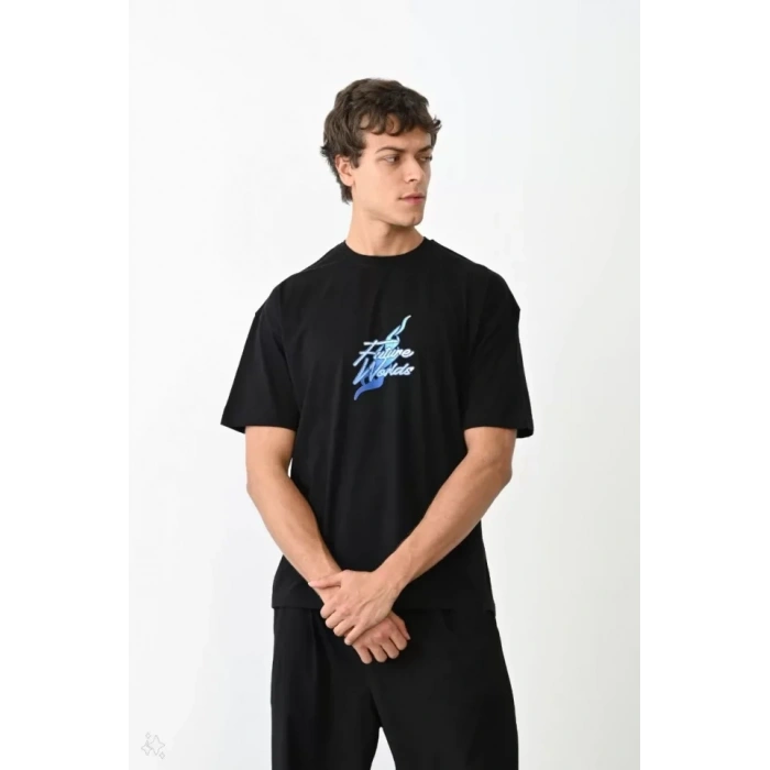 Unisex Bisiklet Yaka Baskılı Oversize T-Shirt - Siyah