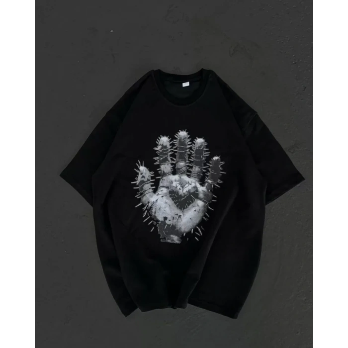 Unisex Bisiklet Yaka Baskılı Oversize T-Shirt - Siyah