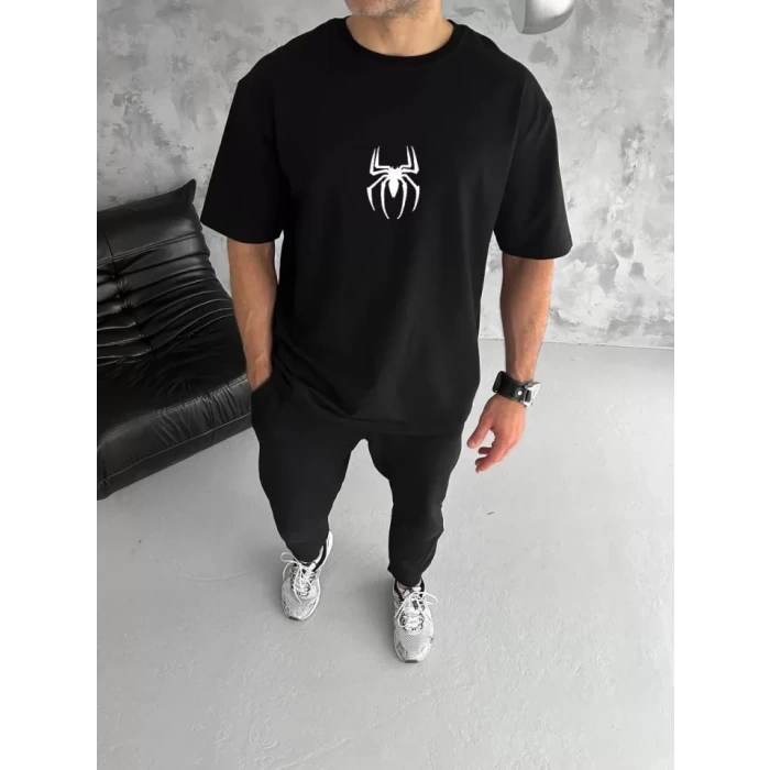 Unisex Bisiklet Yaka Baskılı Oversize T-Shirt - Siyah