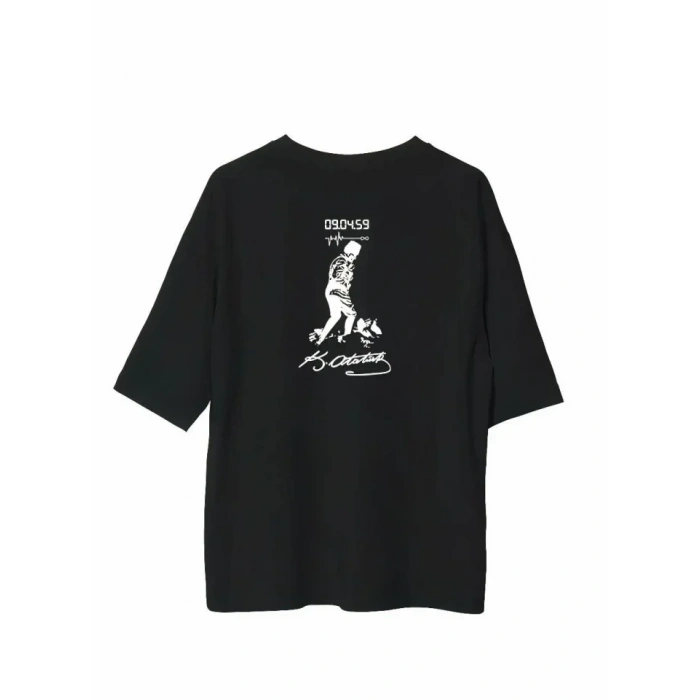 Unisex Bisiklet Yaka Baskılı Oversize T-Shirt - Siyah