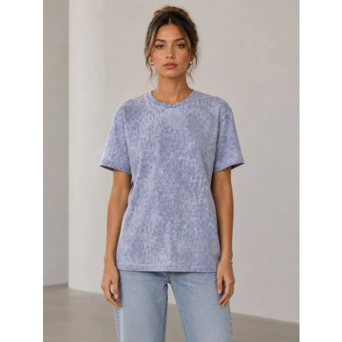 Yıkamalı Washed Effect Tişört Bisiklet Yaka Sokak Stil Kısa Kol T-Shirt - Gri