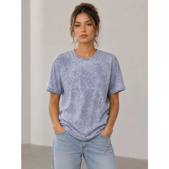 Yıkamalı Washed Effect Tişört Bisiklet Yaka Sokak Stil Kısa Kol T-Shirt - Gri