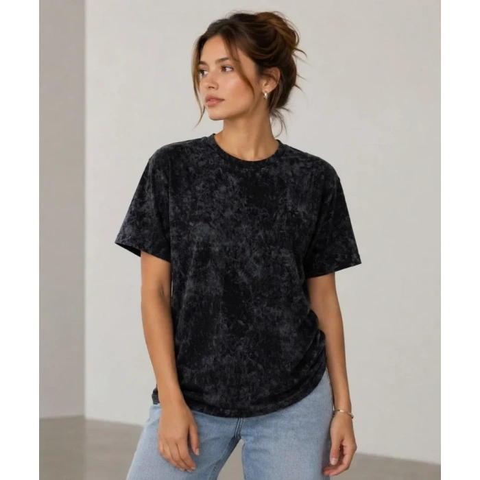 Yıkamalı Washed Effect Tişört Bisiklet Yaka Sokak Stil Kısa Kol T-Shirt - Siyah