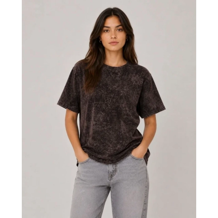 Yıkamalı Washed Effect Tişört Bisiklet Yaka Sokak Stil Kısa Kol T-Shirt - Siyah