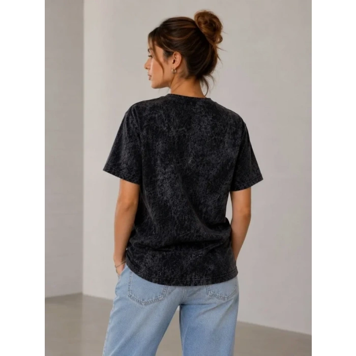 Yıkamalı Washed Effect Tişört Bisiklet Yaka Sokak Stil Kısa Kol T-Shirt - Siyah