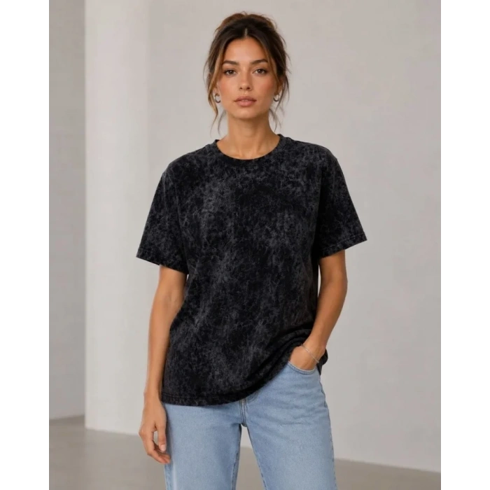 Yıkamalı Washed Effect Tişört Bisiklet Yaka Sokak Stil Kısa Kol T-Shirt - Siyah