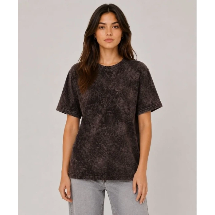 Yıkamalı Washed Effect Tişört Bisiklet Yaka Sokak Stil Kısa Kol T-Shirt - Siyah