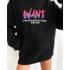 Baskılı Üç İplik Kapüşonlu Oversize Sweatshirt - Siyah