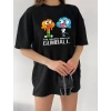 Bisiklet Yaka Baskılı Oversize T-Shirt - Siyah