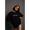 Bisiklet Yakalı Sırt Baskılı Oversize T-Shirt - Siyah