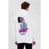 Erkek Baskılı Üç İplik Kapüşonlu Oversize Sweatshirt - Beyaz
