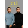 Erkek Fitilli Triko Kazak 2li Set Bebek Mavisi Siyah Regular Balıkcı Yaka Tam Boğazlı Triko Seti Modeli Kazak