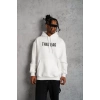 Erkek Kanguru Cep Baskılı Kapüşonlu Sweatshirt - Beyaz