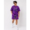 Erkek Oversize Kalıp Pubg Bape X Shark Nakışlı Cepli Şort Takım - Mor